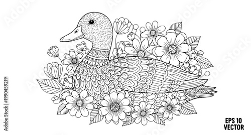 Adult Coloring Book Duck and Flowers Vector Illustration with Zentangle Elements