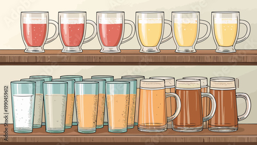 Collection of glass cups and transparent mugs with various drinks on wooden shelves in a kitchen setting with warm lighting