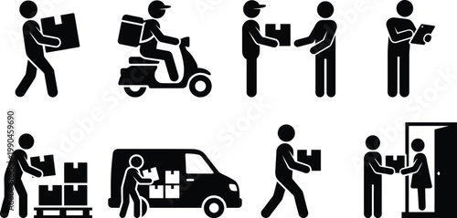 Illustrations depicting various stages of parcel delivery and handling processes Vector