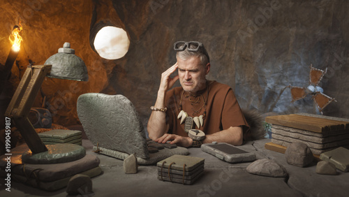 Prehistoric office worker having a bad headache