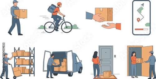 Illustrations depicting various stages of package delivery and logistics operations Vector