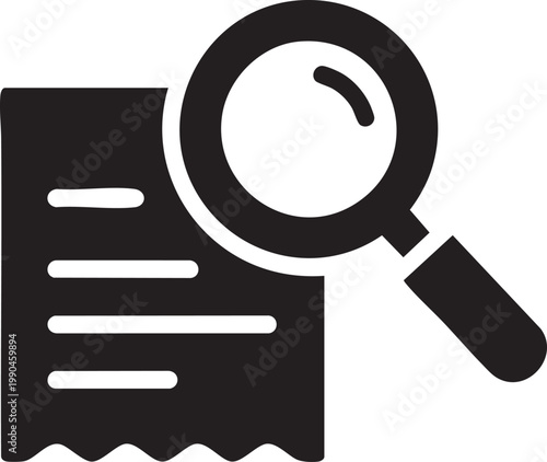 Magnifying glass, document search icon, investigation symbol, black vector graphic