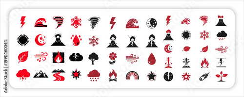 Nature Forces web Icon Collection Vector Silhouette Symbols of Storm, Tornado, Volcano, Wave, 
Fire, Wind, Earthquake and Natural Disaster Elements