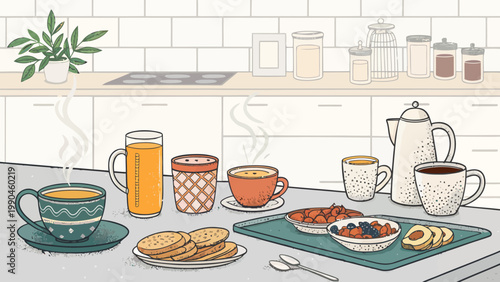 Breakfast table with cups mugs juice toast and pastries on a kitchen countertop with a plant and jars on the shelf