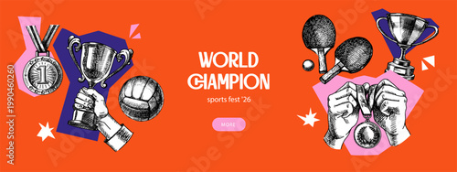 Background with sport trophy, medal and game balls, hand drawn collage design in vintage sketch style. International Sports Day poster. Vector isolated illustration