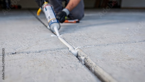Medium shot showing resealing process of garage floor joints with a caulk gun focus on sealant bead surrounding concrete slabs out of focus.