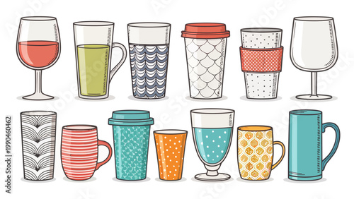 Assorted colorful drinkware bundle with cups mugs and glasses in various patterns and designs