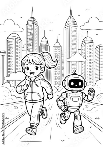 A girl on a morning jog with a robot trainer coloring page