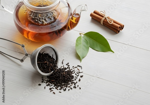 A teapot filled with warm tea rests near flavorful cinnamon sticks and loose tea leaves, creating a soothing beverage preparation still life on a textured wooden surface, inviting relaxation
