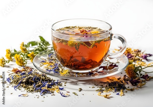 A steaming cup of herbal tea rests upon a saucer, surrounded by a colorful array of dried petals and leaves, creating a soothing and inviting scene, perfect for promoting wellness and relaxation