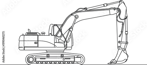 Hydraulic excavator with breaker attachment heavy construction machinery demolition equipment crawler vehicle line art vector illustration