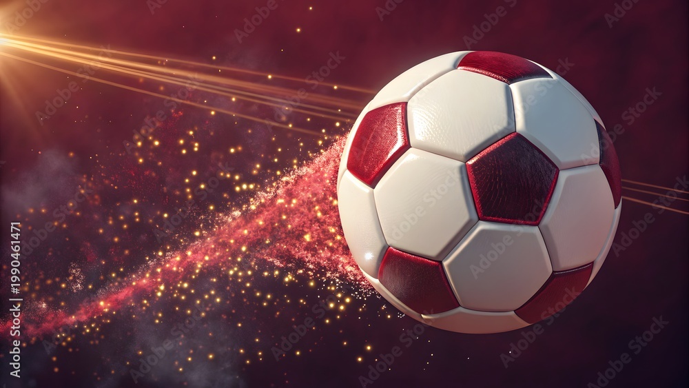 Naklejka premium Classic Soccer Ball in Motion with Fiery Trail and Lens Flare