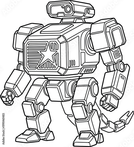 Futuristic robot mech machine with mechanical legs sci fi technology armored droid character line art vector illustration