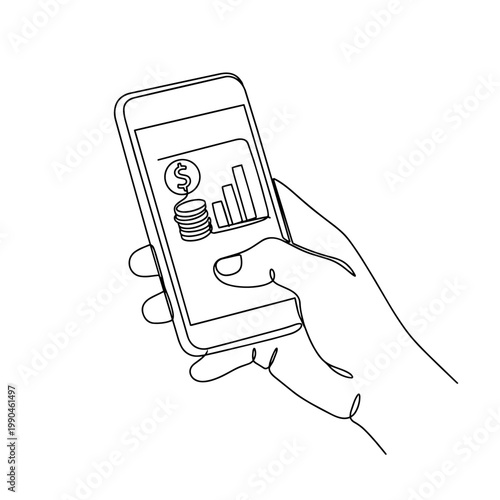 Hand holding smartphone with financial data. Continuous line drawing illustration