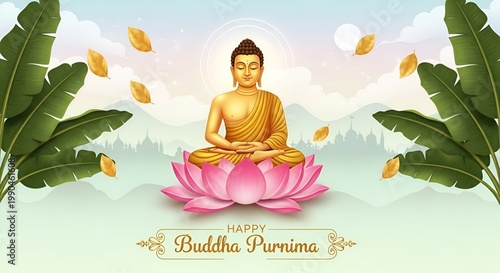 Buddha Purnima Vesak Day: Buddha Statue with Lotus Flower and Candlelight by the River