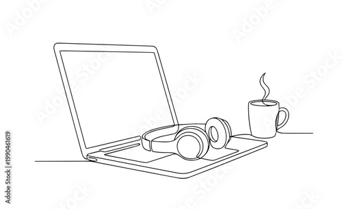 Laptop with headphones and coffee cup. Remote work and study concept. Minimalist one line drawing vector illustration