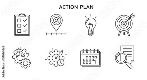 Action Plan Icons Representing Strategy and Goals.