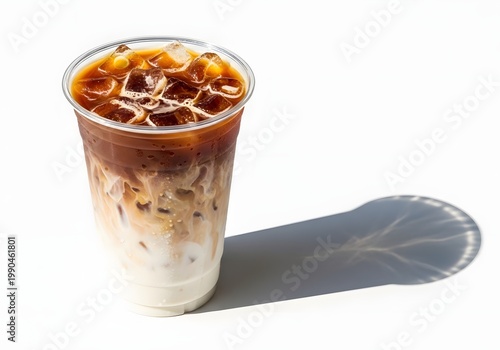 Enjoy a refreshing iced latte in a transparent plastic container, showcasing the creamy blend of coffee and milk, and a captivating shadow on a fair surface, perfect for a delightful summer