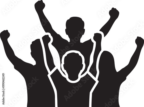 People silhouettes, raised fists, celebration, teamwork, victory