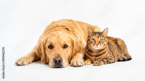 Dogs and cats lie next to each other on a white background.