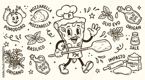 Vintage 1930s Rubber Hose Style Pizza Chef and Italian Ingredient Mascot Set