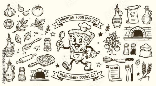 Vintage European Food Mascot and Italian Pizzeria Hand-Drawn Doodle Set