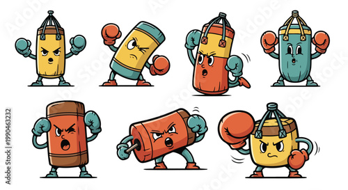 Cartoon boxing bags illustration set sport training theme