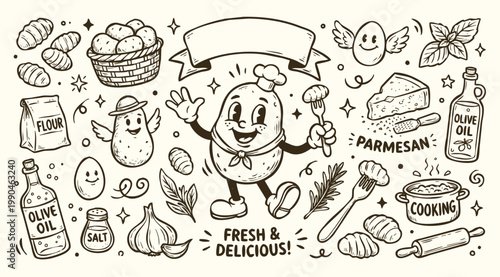 Vintage 1930s Rubber Hose Style Gnocchi Mascot and Italian Cooking Ingredients Set