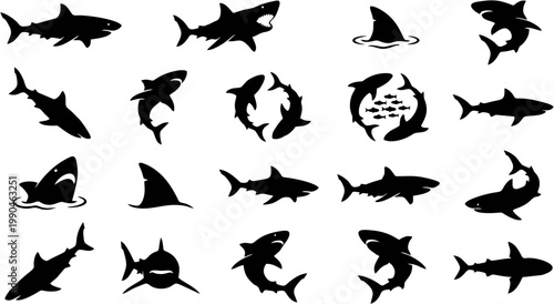 A Collection of Diverse Shark Silhouettes, Capturing the Power and Grace of These Marine Predators in Various Poses and Styles
