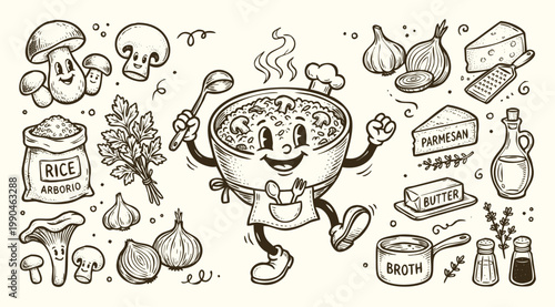 Vintage 1930s Rubber Hose Style Mushroom Risotto Mascot and Cooking Ingredients Set