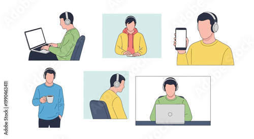 "Set of vector illustrations of a man working remotely with a laptop, smartphone, and headphones, representing freelance work and modern digital lifestyle."
