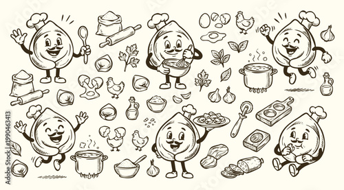 Vintage 1930s Style Tortellini Mascot and Italian Pasta Ingredients Set