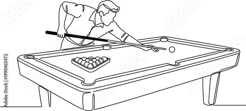 Man playing billiards on pool table line art illustration, cue sport game scene with aiming player and balls setup
