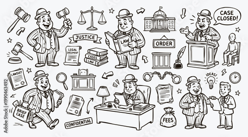 Vintage 1930s Style Lawyer Mascot and Legal Justice Doodle Set