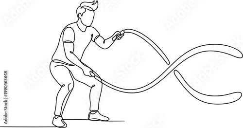 Man training with battle ropes line art illustration, intense gym workout exercise for strength conditioning and functional fitness concept