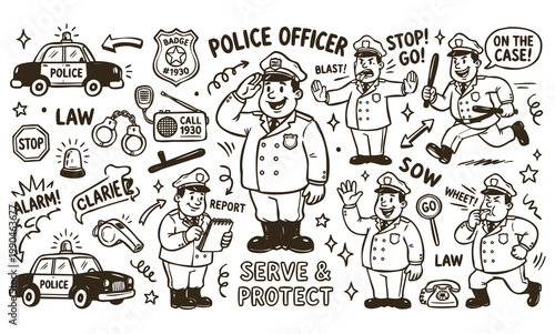 Vintage 1930s Style Police Officer Mascot and Law Enforcement Doodle Set