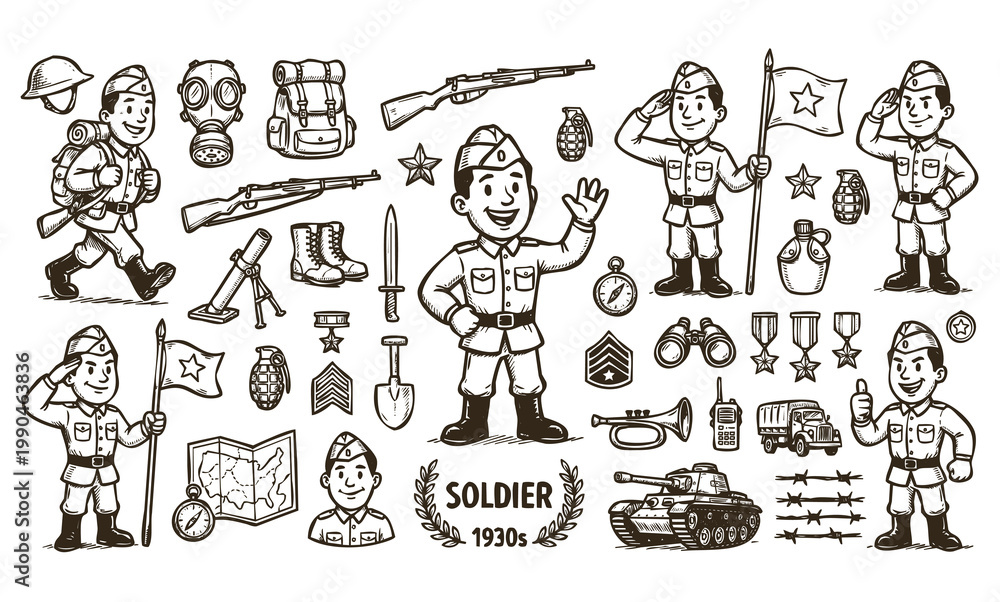 Fototapeta premium Vintage 1930s Style Soldier Mascot and Military Army Doodle Set