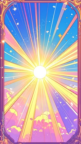 Vibrant Anime Style Sunburst Background With Golden Frame Pastel Radiant Light Beams And Magical Sparkles