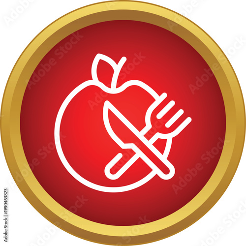 Apple with fork and knife in a red and gold circle representing healthy eating and diet