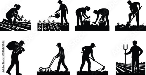 Illustrations of various agricultural and gardening activities by individuals Vector