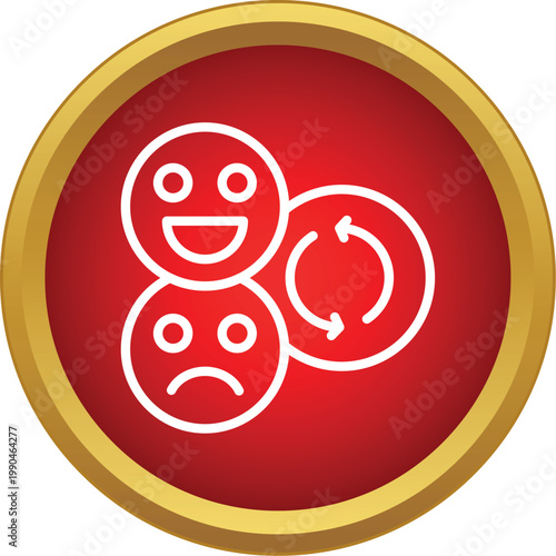 Happy and sad emoji faces with a refresh arrow symbolizing changing emotions in a red circle
