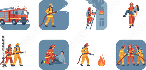 Emergency responders demonstrating various rescue and firefighting techniques Vector