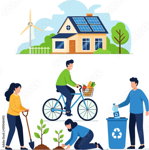 Sustainable living practices illustration showcasing green energy, tree planting, recycling, and eco-friendly transport for a healthier environment and a responsible future