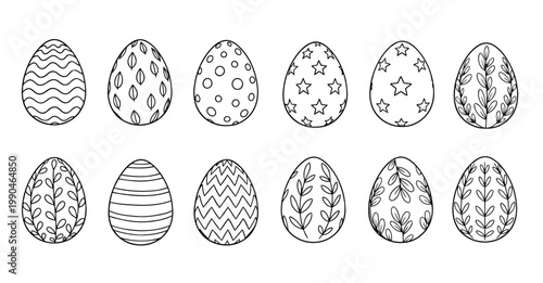 Easter Egg Line Art Set, Hand Drawn Decorative Eggs Icons with Patterns, Minimalist Holiday Ornaments Vector Illustration