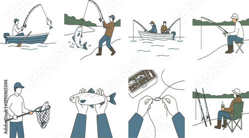 Illustrations of various fishing techniques and equipment in action Vector