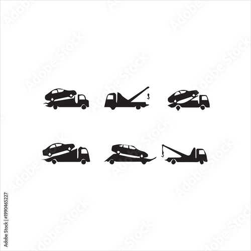  Collection of six black and white tow truck and car transport silhouettes silhouette. vector design. Silhouette vector design illustration.eps