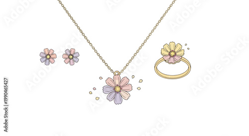 Delicate floral jewelry set featuring a necklace, earrings, and ring adorned with pastel-colored petals and subtle sparkle accents