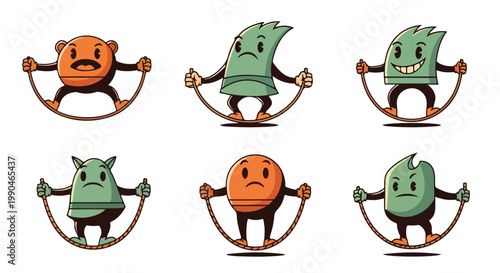 Cartoon characters skipping rope vector illustration set