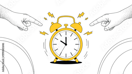 Time Management Alarm: An alarm clock symbolizing time management, with a hand pointing at it and suggesting the need for action to start the day. A concept of deadlines, punctuality and deadlines.