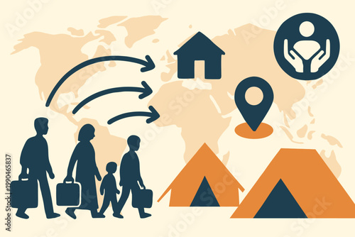 refugee crisis, humanitarian concept, migration illustration, displaced people, global crisis, refugee support, humanitarian aid, migration routes, temporary shelter, tent camp, safe zone, border cros